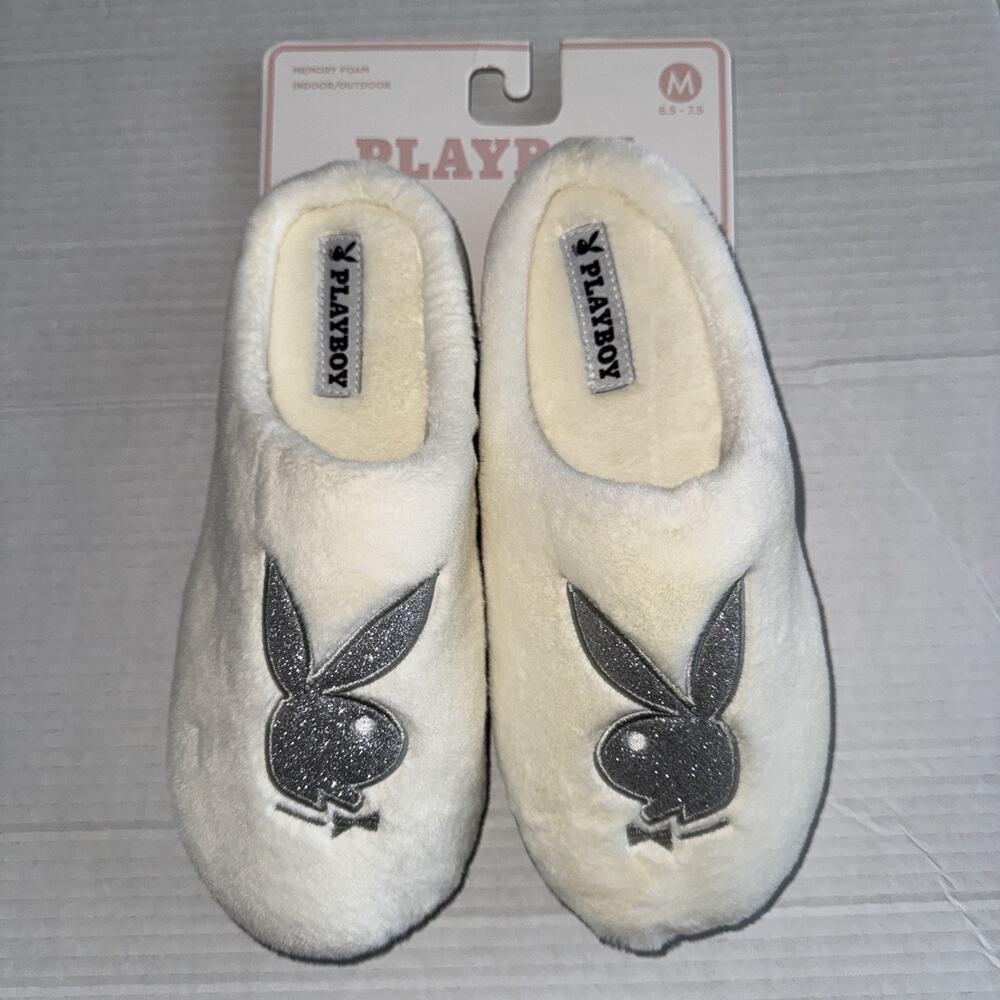 Playboy Logo Memory Foam Indoor Outdoor Off White Slippers Size Medium 6.5-7.5